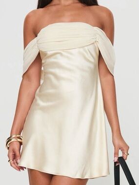 Elegant Cream Off-Shoulder Satin Mini Dress